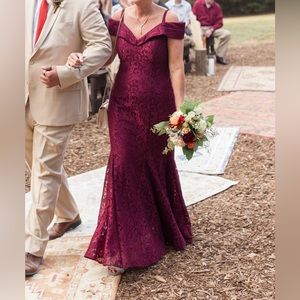 Mother of the bride dress. Off the shoulder lace shimmer gown. Merlot shade.